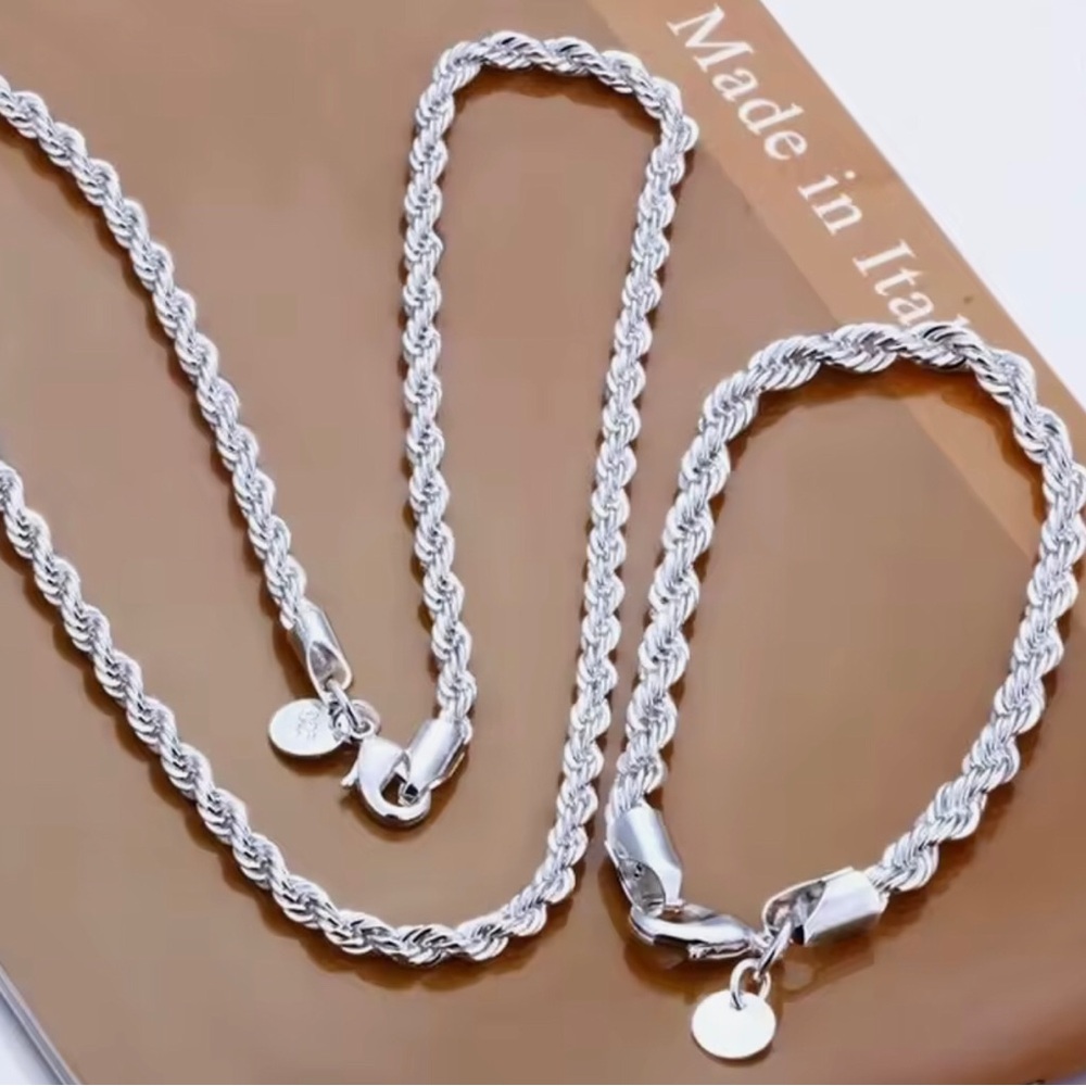 Sterling Silver Rope Chain Necklace and Bracelet Set